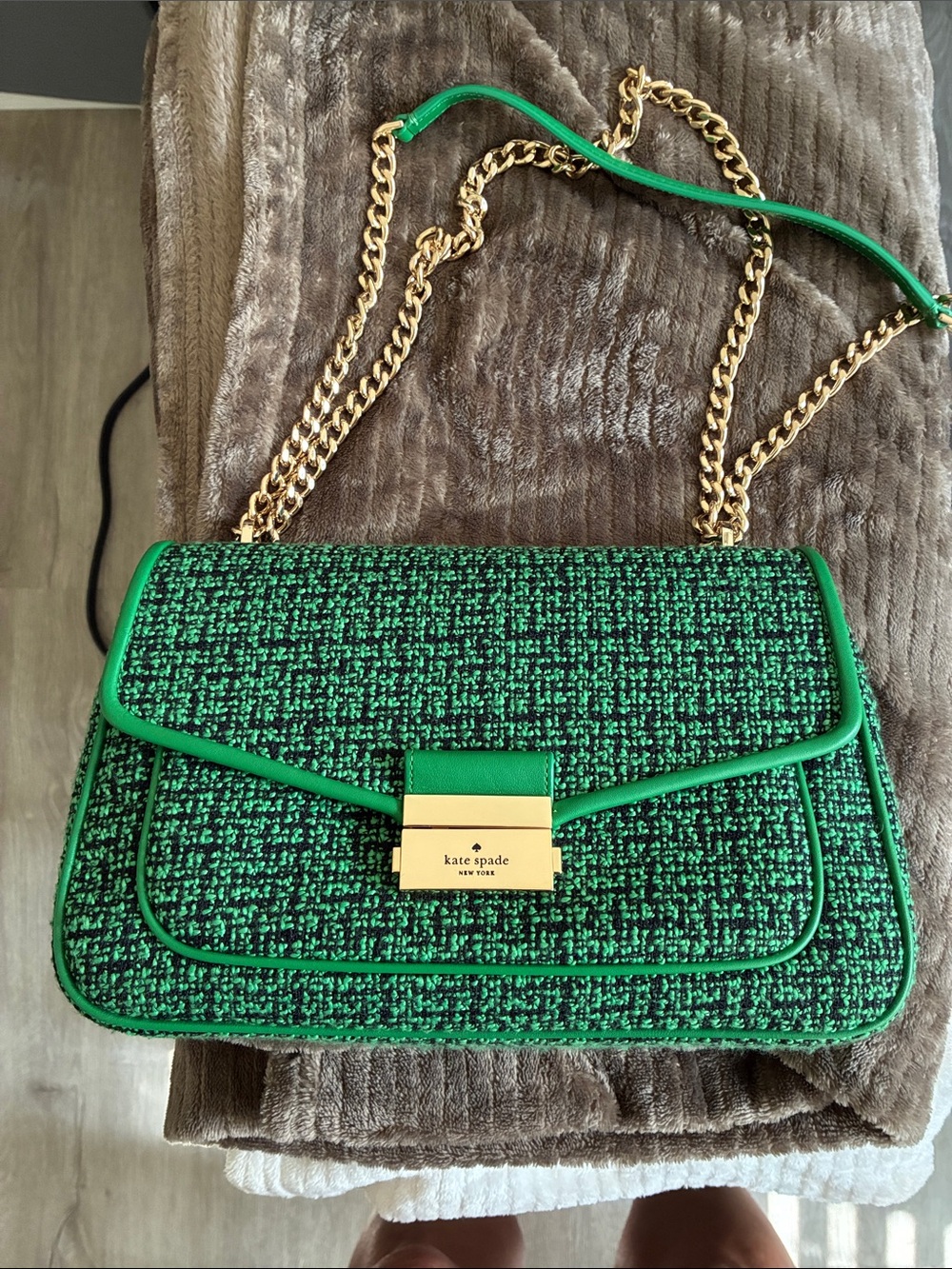 Kate Spade Carey Green Tweed Crossbody with Gold Chain